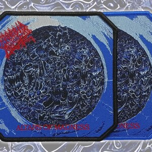 May include: Two octagonal embroidered patches featuring a dark blue and black circular graphic with intricate, swirling patterns. The text "MORBID ANGEL" appears in red at the top left, and "ALTARS OF MADNESS" is printed in red at the bottom.