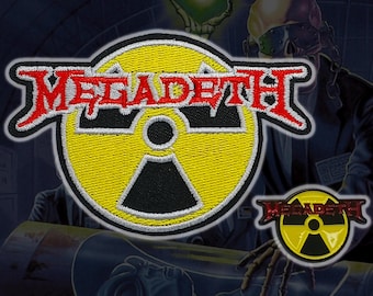 May include: An embroidered patch featuring the Megadeth logo in red with a white outline, positioned above a yellow and black radiation hazard symbol. A smaller, secondary version of the same circular design is visible in the lower right corner.
