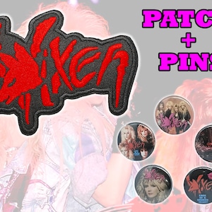 May include: A red and black embroidered patch featuring the word Vixen in a stylized font, accompanied by five circular pin-back buttons. The buttons display various photographic images of a band and the Vixen logo. Text reads PATCH + PINS.