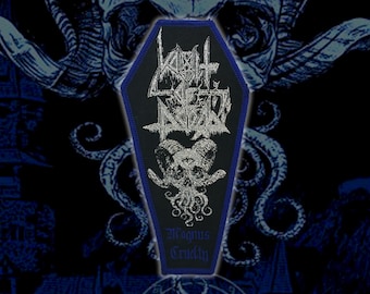 Sarcofago Inri Coffin Shaped Woven Patch Heavy Metal Death Black