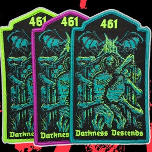 May include: Three embroidered patches with a gothic theme. Each patch features a skeleton holding bones, with the text "Darkness Descends". The patches have black backgrounds with neon green, purple, and teal borders and accents. The number "461" is at the top.