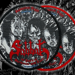 May include: Two round black patches with red and white graphics. The patches feature a stylized image of faces and the word "Sabbat" in red. The text "Sabbatical Noise" is also visible. One patch has a red border.