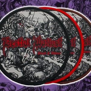 May include: Round embroidered patches with a black and white battle scene design and the text "Lethal Warlust" in red. The patches have black, red, and brown borders. The text "Blood & Valour" is also visible.