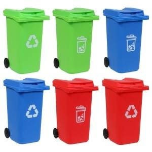 May include: Six small, wheeled trash cans in various colors, including green, blue, and red. Each can has a different symbol on the front, including a recycling symbol, a trash can symbol, and a recycling symbol.