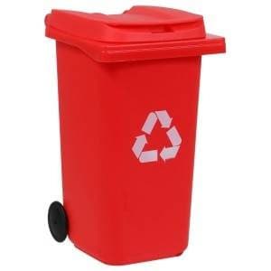 May include: Red plastic recycling bin with a white recycling symbol and a black wheel.