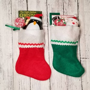 Mini Christmas Stocking for 14- 18" dolls filled with bracelet, coloring book, lollipop, and toy- 1/3 scale