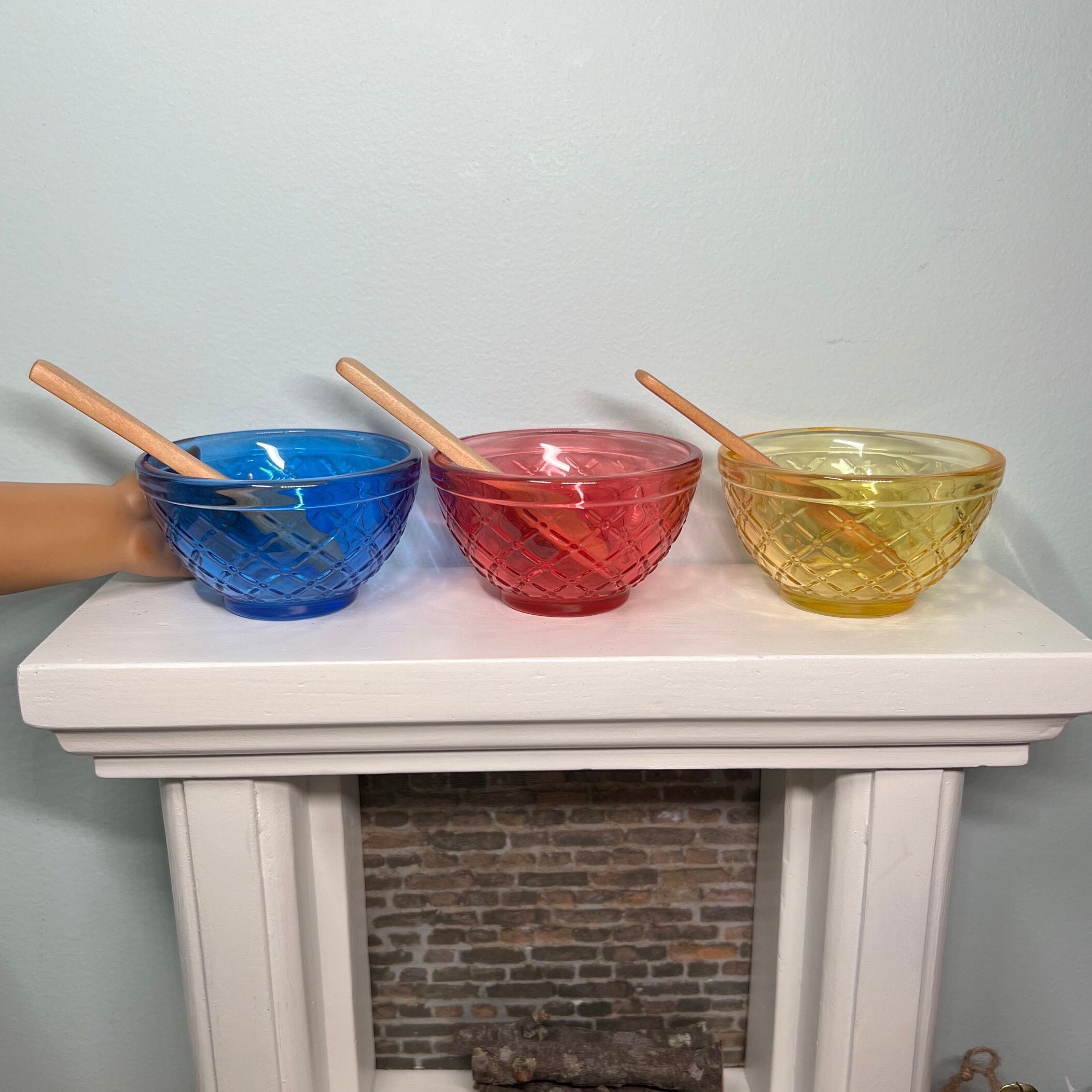 Mini Glass Mixing Bowl & Spoon 1/3 scale forAmerican 14- 18 inch dolls, Smart Doll, bakery, kitchen patisserie decor
