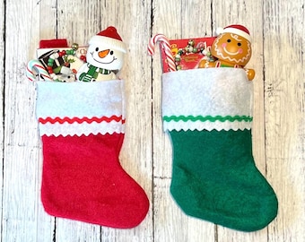 Mini Christmas Stocking for 14- 18&quot; dolls filled with bracelet, coloring book, candy cane, and toy- 1/3 scale