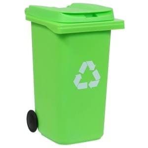 May include: A green plastic recycling bin with a black wheel and a white recycling symbol.