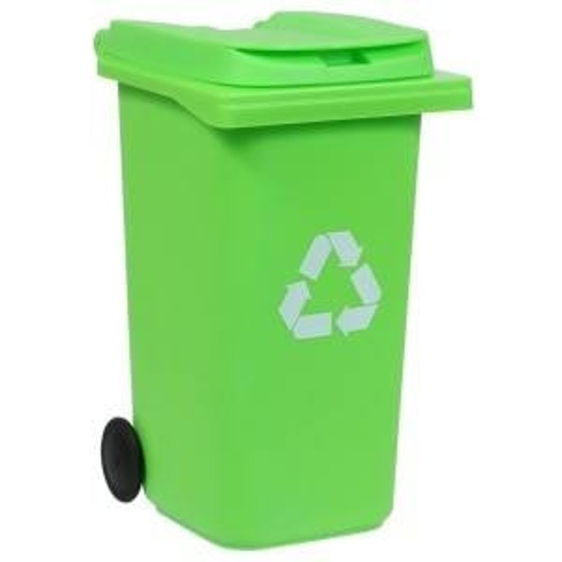 May include: A green plastic recycling bin with a black wheel and a white recycling symbol.