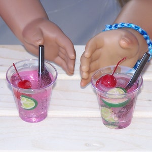 2 Drinks for 14- 18" doll - water w/ lemon, cherry slush, milk, lemonade, cherry limeade, cola, soda pop 1/3 scale