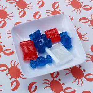 Mini 4th of July candies 1/3 scale for 14-18 inch doll, food, accessories -bear lollipop red white blue