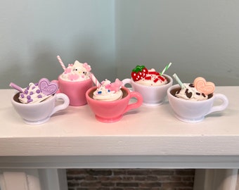 Mini Valentine Drink for 14- 18" doll -hot cocoa, strawberry shake, unicorn, hearts