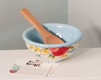 Mini Ceramic Mixing Bowl & Spoon 1/3 scale for 14- 18 inch doll, bakery, kitchen, patisserie