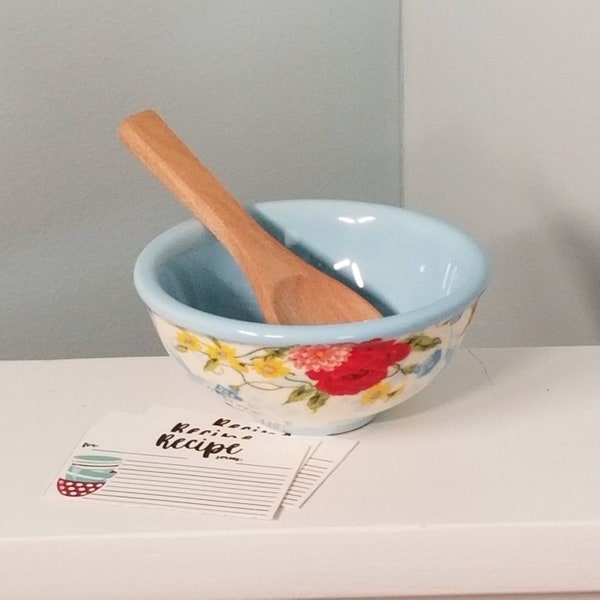 Mini Ceramic Mixing Bowl & Spoon 1/3 scale for 14- 18 inch doll, bakery, kitchen, patisserie