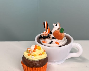 Mini Fall/Halloween Snack Set-Hot Cocoa & Cupcake 1/3 scale to fit American 14- 18" doll or Smart Doll -several styles