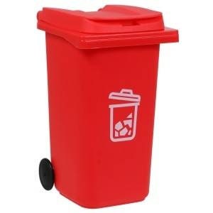 May include: A red plastic trash can with a black wheel and a white recycling symbol on the front.