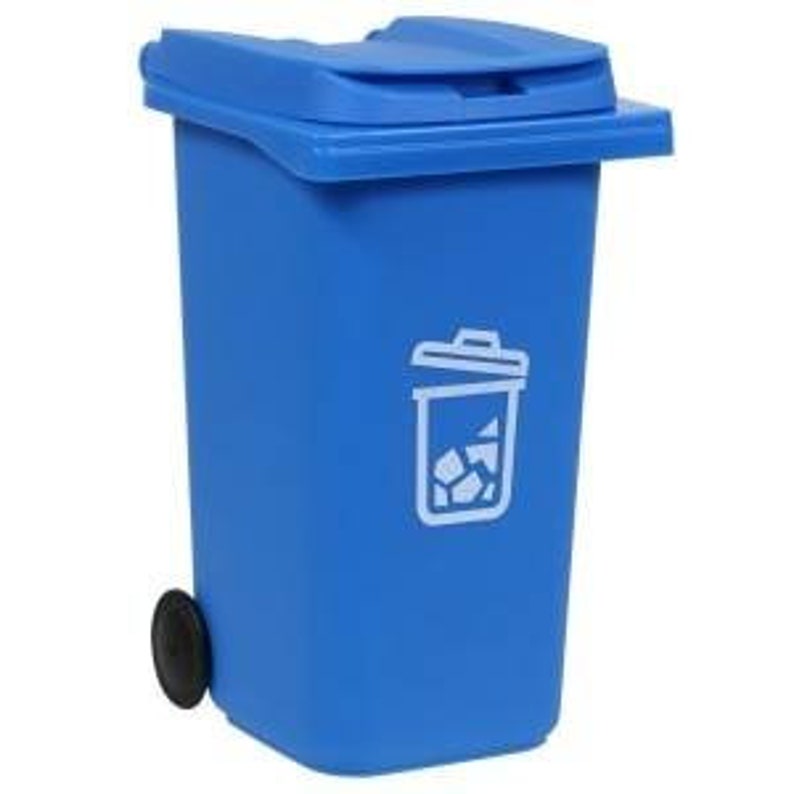 May include: A blue plastic recycling bin with a white recycling symbol and a black wheel.