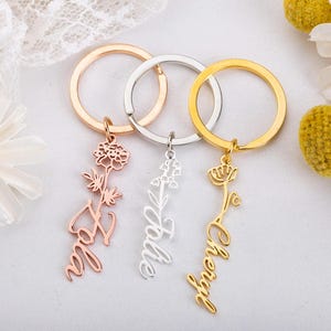 Custom Name Birth Flower Keychain,Birth Flower Matal Keychain,Flower Keyring,Name Keyring for Woman,Mother&#39;s Day Gift,Anniversary Gift