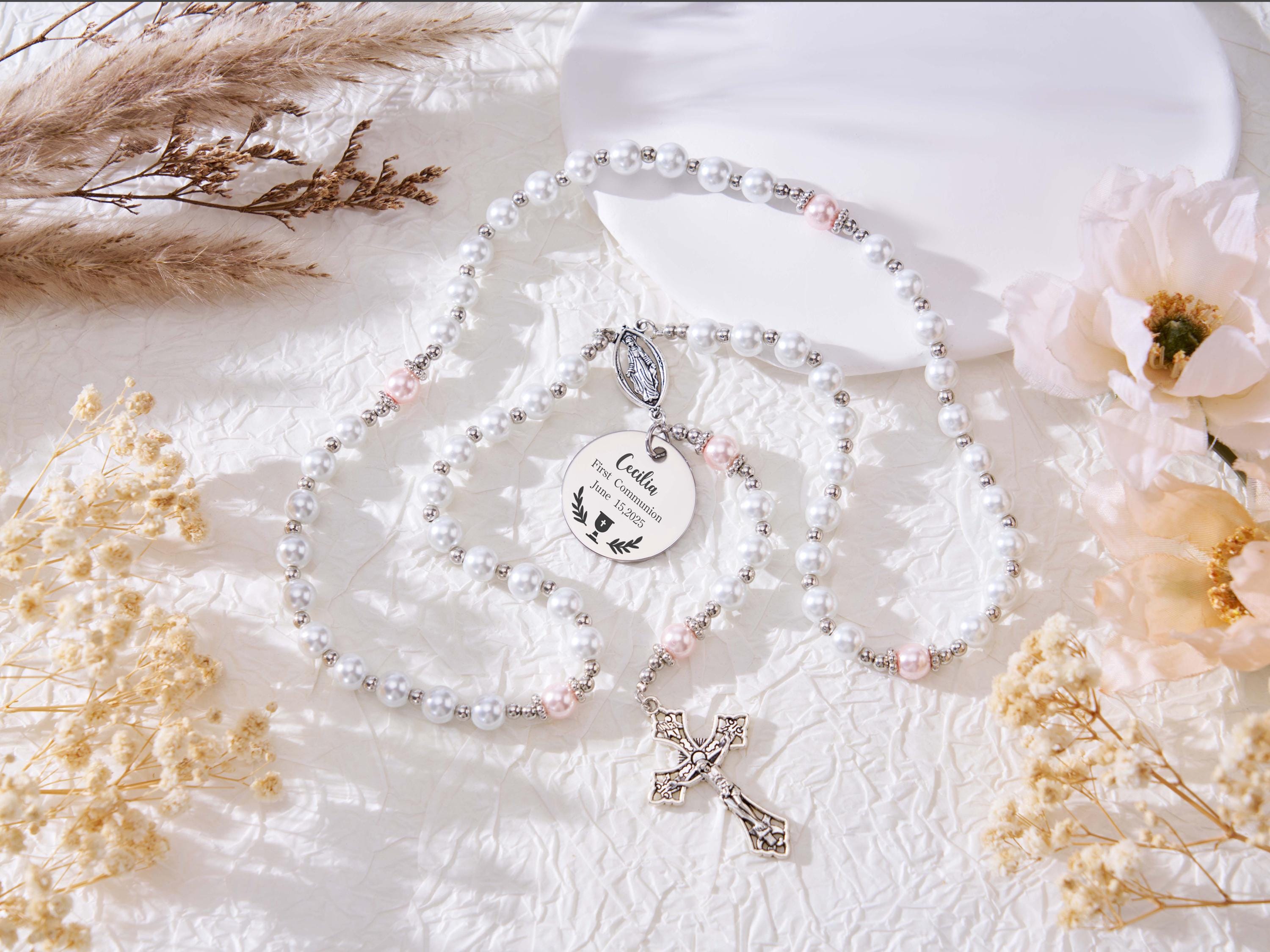 Chapelet Catholique Rétro Avec Pochette Velours - Perles Artificielles - Cadeau Communion, Baptême, Mariage