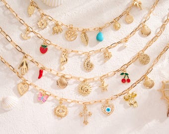 Charm Halskette für Frauen, Vintage Chunky Halskette, Sommer Charm Halskette, Multi Charm Halskette, Ozean Halskette, Gold Strand Charm Halskette