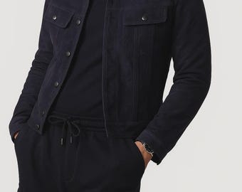 Navy Blue Suede Leather Trucker Jacket For Men