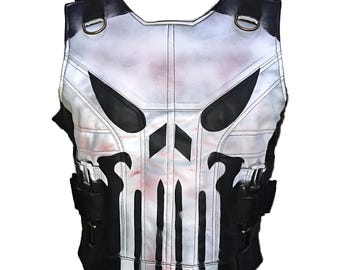 Men's Punisher Leather Vest | Inspired Tactical Black Skull Vest | Real Leather Cosplay Jacket