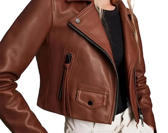 Women’s Brown Motorcycle Biker Jacket – Handmade Real Lambskin Leather, Casual Soft Leather Jacket
