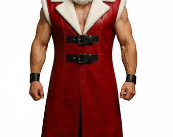 Santa Inspired Red Leather Vest | Men’s Christmas Costume with Fur Collar