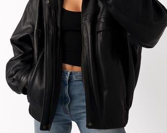Women’s 90s Vintage Oversized Biker Jacket – Real Black Leather Moto Style