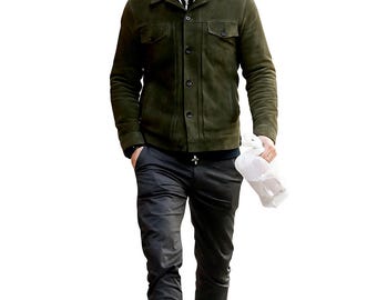 Men’s Olive Green Suede Leather Moto Biker Trucker Jacket – Western Style