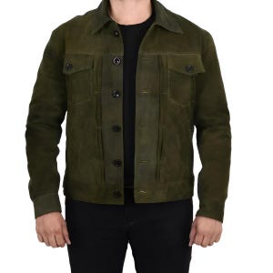 Men’s Olive Green Suede Leather Trucker Jacket – Classic Style with a Modern Edge