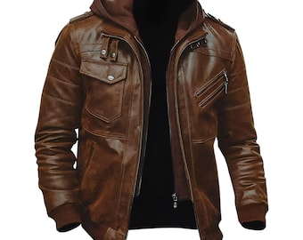 Men’s Brown Leather Motorcycle Jacket with Removable Hood | Genuine Leather Biker Jacket | Casual Riding Jacket with Multiple Pockets