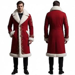 Puede incluir: Un abrigo largo rojo con ribete de piel sintética blanca en el cuello, los puños y el dobladillo. El abrigo presenta bordados dorados y botones decorativos. El abrigo se combina con pantalones y zapatos negros. La imagen muestra la parte delantera y trasera del abrigo.