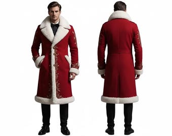 Men’s Red Christmas Fur Coat | Luxury Santa Style Wool Overcoat