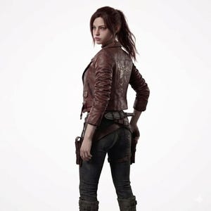 May include: A person with a ponytail wearing a dark brown leather jacket with a white graphic on the back, dark gray denim jeans, and a utility belt with holsters. The jacket features a collar, long sleeves, and a zippered front closure.