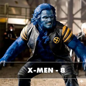 May include: A character from the X-Men franchise, with blue fur and skin, wearing a black leather jacket with yellow stripes and an X-Men logo. The image has the text "X-MEN - 8" at the bottom.