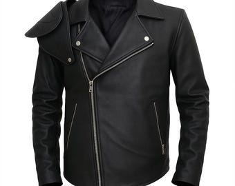 Men’s Black Leather Biker Jacket with Shoulder Armor