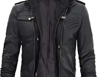 Mens Black Leather Motorcycle Jacket with Removable Hood