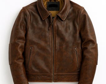 Men’s Real Leather Biker Jacket – Vintage Distressed Waxed Brown Style