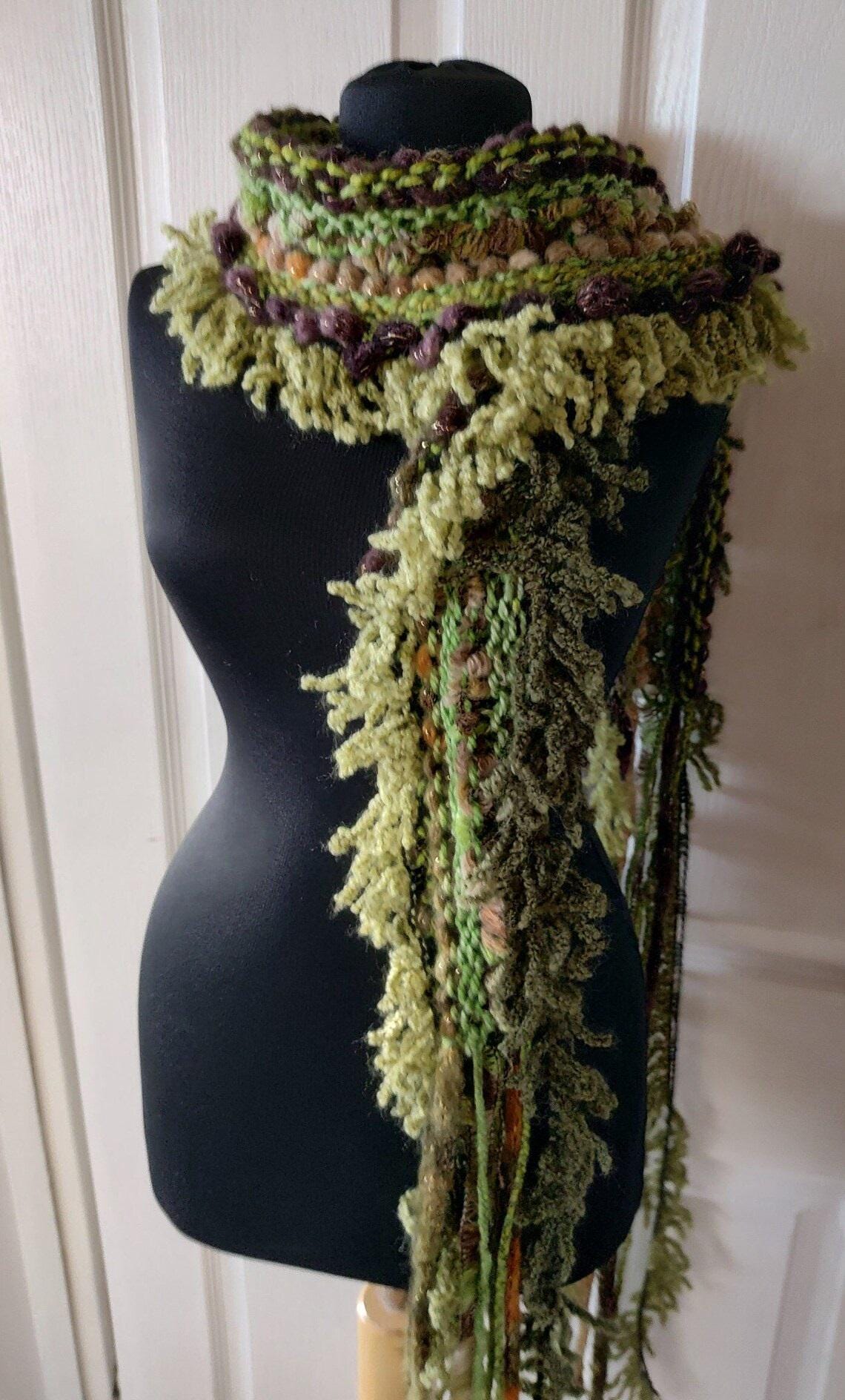Boho Hand Knit Crochet Scarf, Extra Long Scarf Fantasy Yarn, Green ...