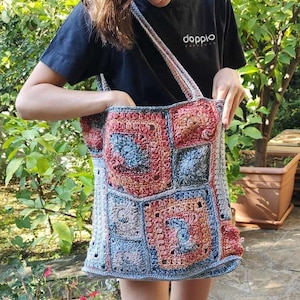 Cotton market bag Granny square Scramble Sack, Crochet shoulder Bohemian purse Unique hand made tote Afghan Fall style Gift her mother Woman