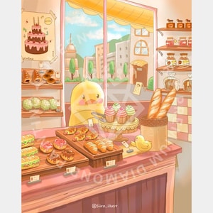 Op de afbeelding: Illustratie van een bakkerij met een gele eend-personage achter de toonbank. Er worden verschillende bakkerijproducten tentoongesteld, zoals croissants, cupcakes en stokbroden. Door het raam is een stadsgezicht te zien, met een taartposter aan de muur.