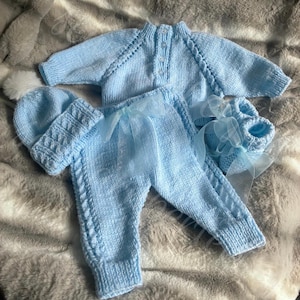 hand knitted light blue baby set, 3-6 month baby set, coming home outfit