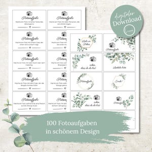 100 Wedding Photo Tasks – PDF Wedding Game Eucalyptus Design | Photo Booth, Polaroid, Guest Book | Photo Booth Tasks | Wedding + Blank Cards