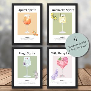 Signature Drinks Schilder Poster – 4 Cocktailposter Aperol Spritz, Hugo, Limoncello, Lillet | Bar-Schilder Party Feier Hochzeit PDF Drucken