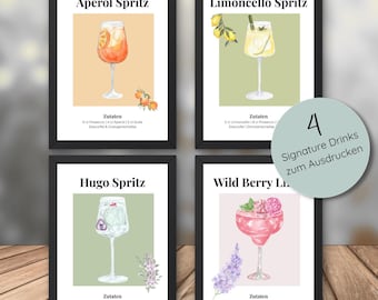 Signature Drinks Schilder Poster – 4 Cocktailposter Aperol Spritz, Hugo, Limoncello, Lillet | Bar-Schilder Party Feier Hochzeit PDF Drucken