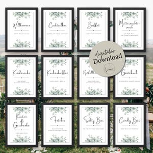 Può includere: Una collezione di cartelli con cornice nera con sfondi bianchi ed elegante calligrafia. Ogni cartello presenta un design botanico di foglie verdi. I cartelli mostrano vari testi relativi all'evento, tra cui "Benvenuti", "Cocktail Bar" e "Candy Bar".