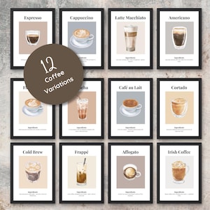 Könnte beinhalten: Ein Set aus zwölf gerahmten Kunstdrucken mit Kaffeekreationen, darunter Espresso, Cappuccino und Latte Macchiato. Jeder Druck zeigt eine Aquarellillustration des Kaffeegetränks mit seinem Namen und seinen Zutaten. Eine runde Grafik zeigt "12 Coffee Variations."