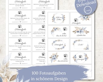 100 Wedding Photo Challenges – Wedding Game PDF with Blue Floral Design | Photo Booth, Polaroid, Guest Book | Photo Booth Challenges for Weddings